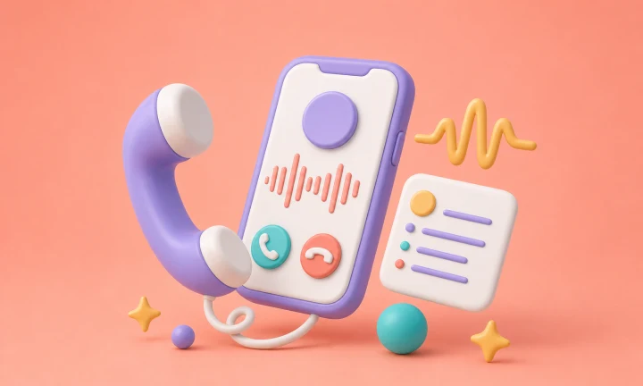 Softphone illustration with a handset, smartphone call screen, and call notes representing phone and call management