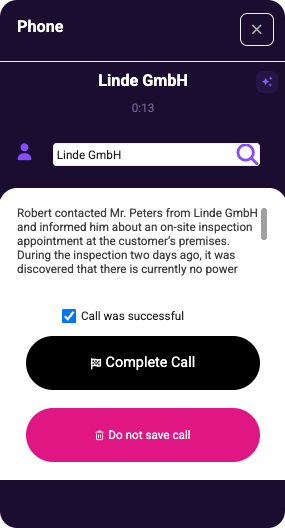 Call wrap-up screen for Linde GmbH with call summary, successful call checkbox, and complete call button.