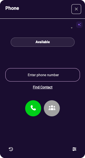 Softphone call panel with phone number entry, contact search, and call button.