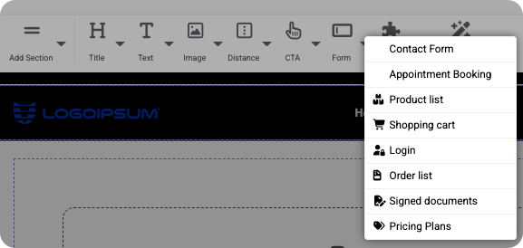Website builder add-element menu with options for contact forms, appointment booking, product lists, shopping cart, login, order list, signed documents, and pricing plans.