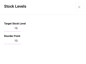 Stock levels panel with target stock level and reorder point fields