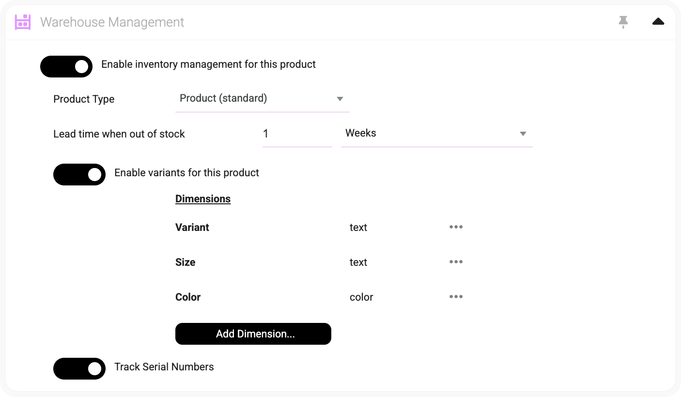 Warehouse management settings for a product, showing inventory tracking, lead time when out of stock, variants, and serial number tracking options.