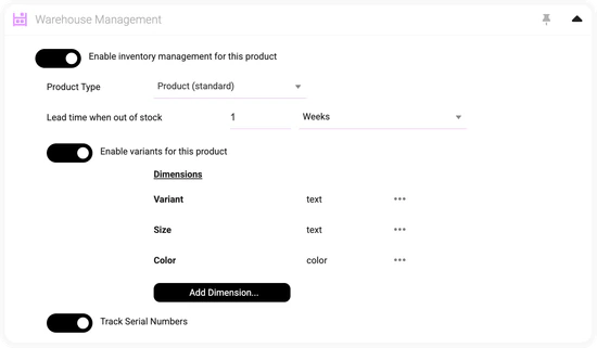 Einstellungen für die Lagerverwaltung eines Produkts, mit Bestandstracking, Lieferzeit bei Nichtverfügbarkeit, Varianten und Optionen für die Seriennummernverfolgung.