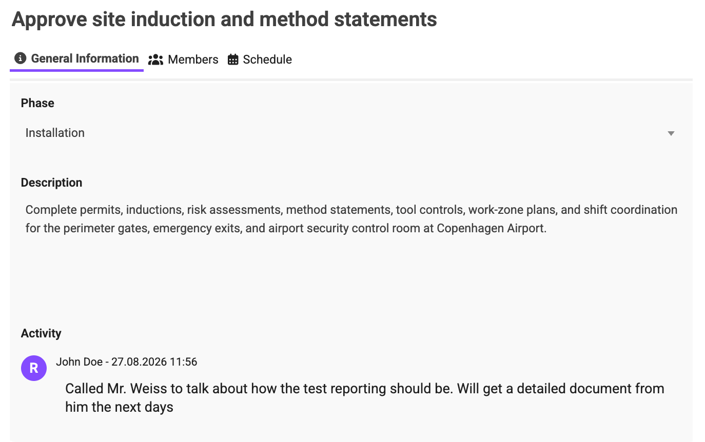 Task detail page for approving site induction and method statements in the installation phase, with description and activity note