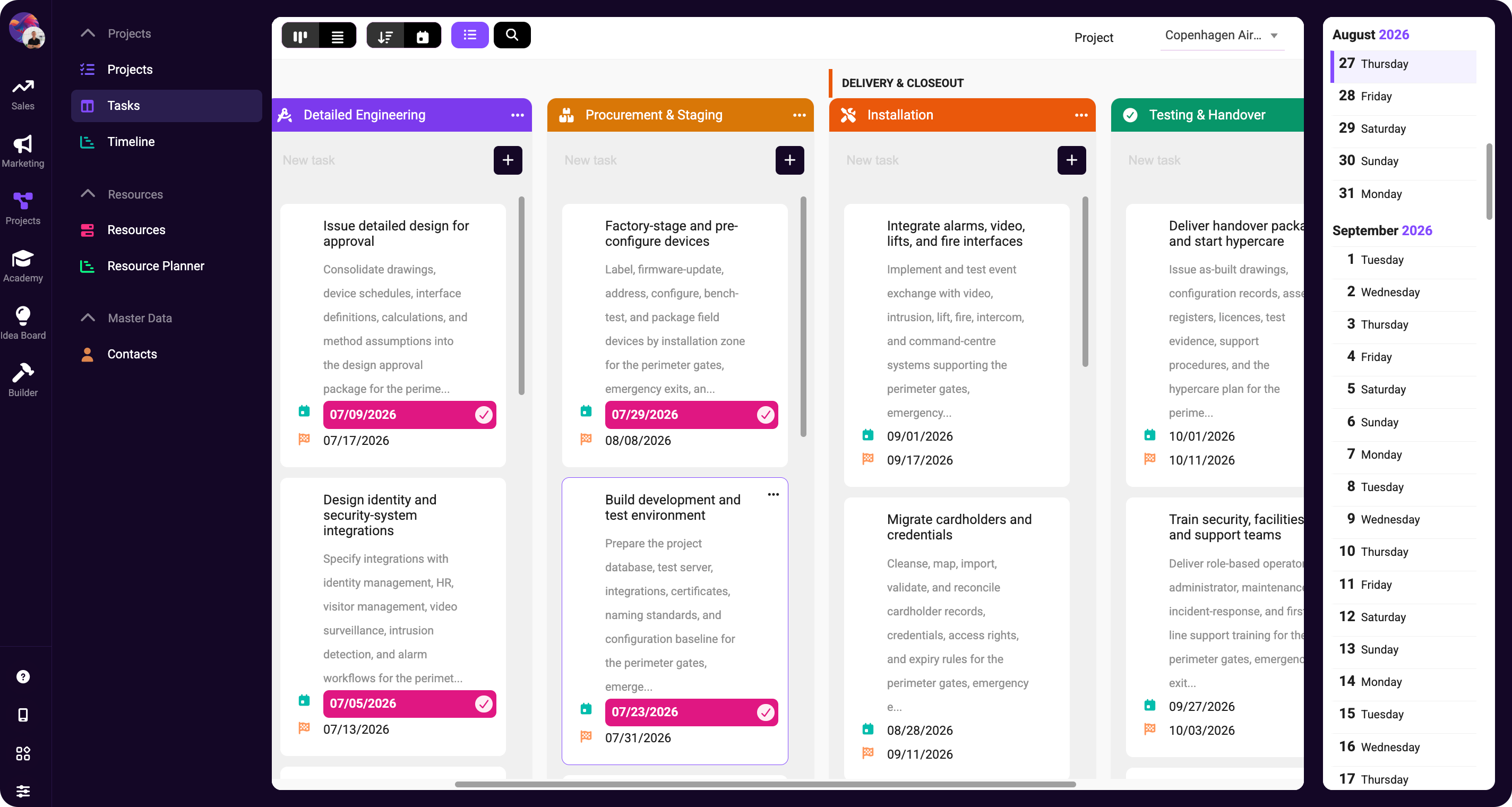 Project task board with phases, task cards, due dates, and a calendar sidebar