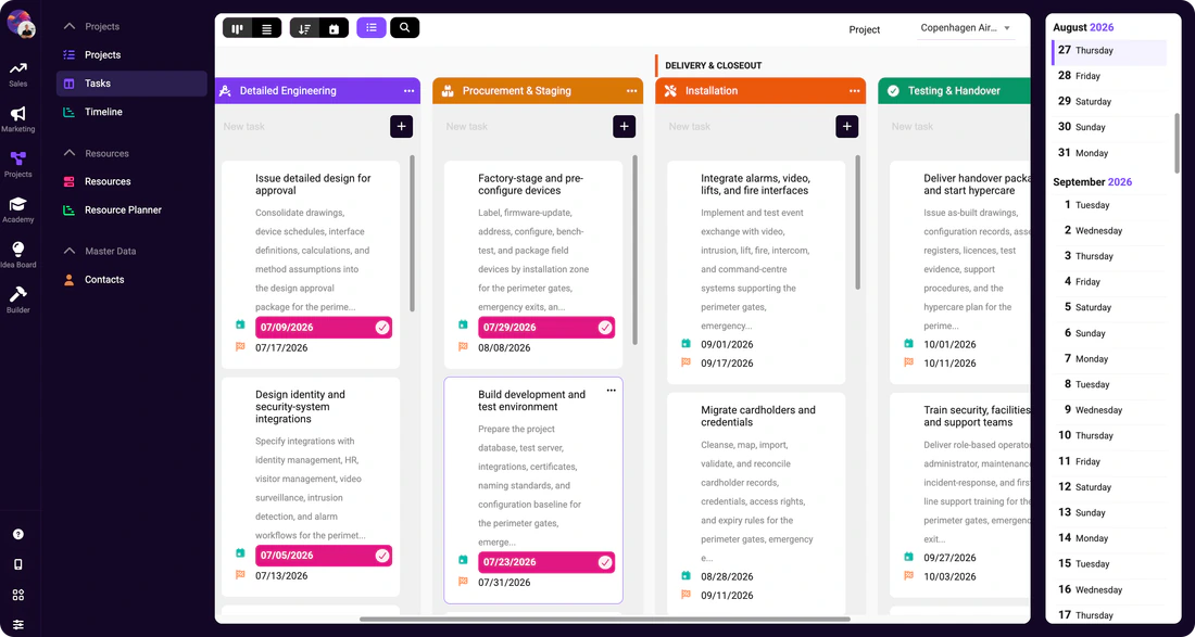 Projektaufgabenboard mit Phasen, Aufgabenkarten, Fälligkeitsdaten und einer Kalender-Seitenleiste