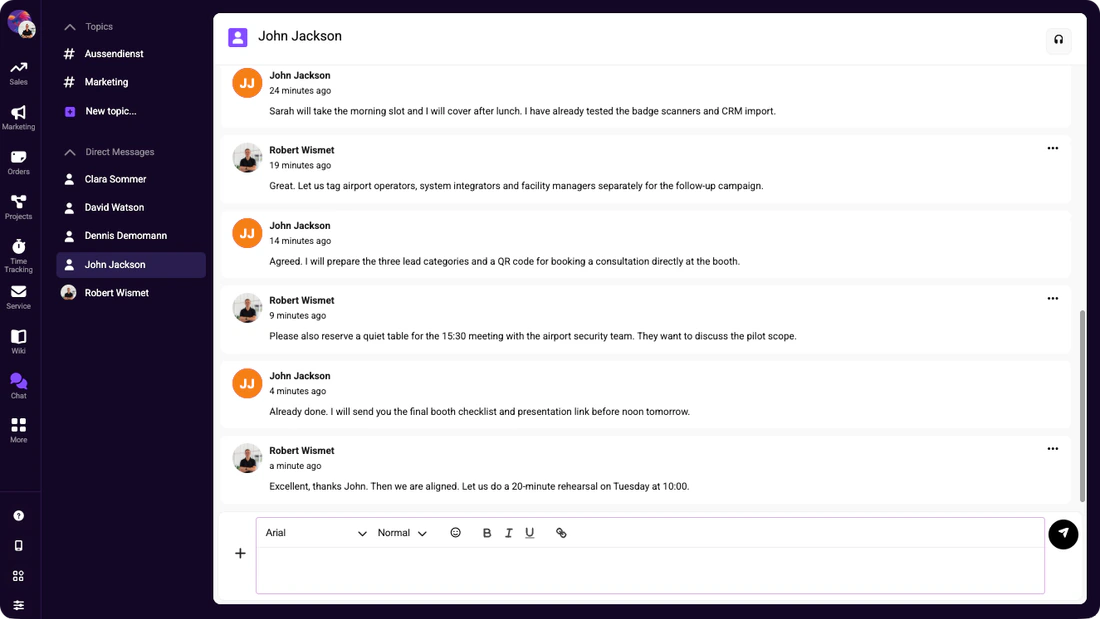 Team-Chat-Oberfläche mit einer geöffneten Direktnachricht zwischen John Jackson und Robert Wismet.