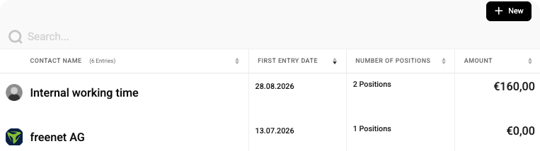 List of contacts with tracked time entries, entry dates, position counts, and billed amounts.