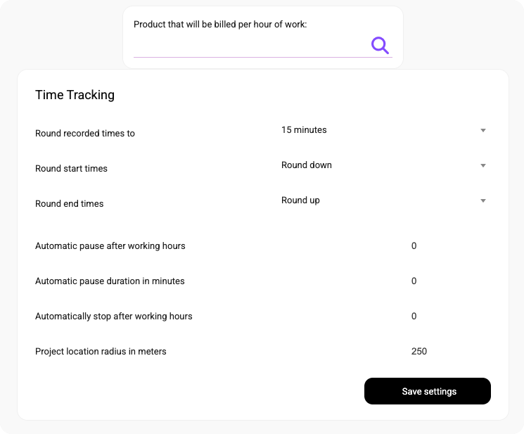 Time tracking settings panel for hourly billing, time rounding, automatic pauses, and location radius.