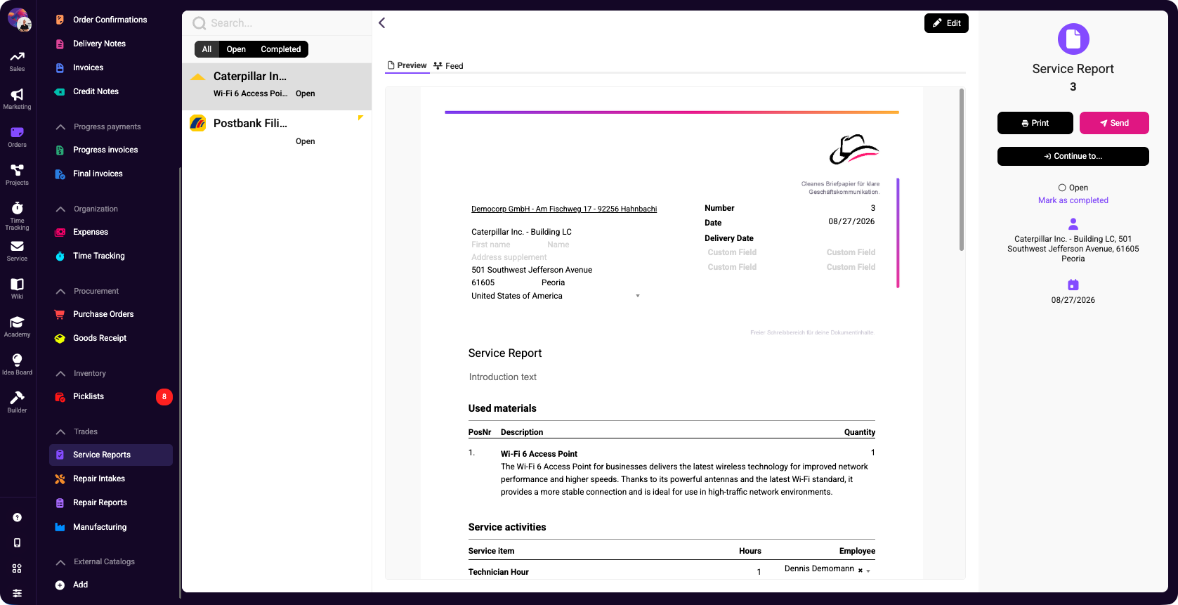 Service report preview showing used materials, service activities, and a customer job record in the Mister James trades interface