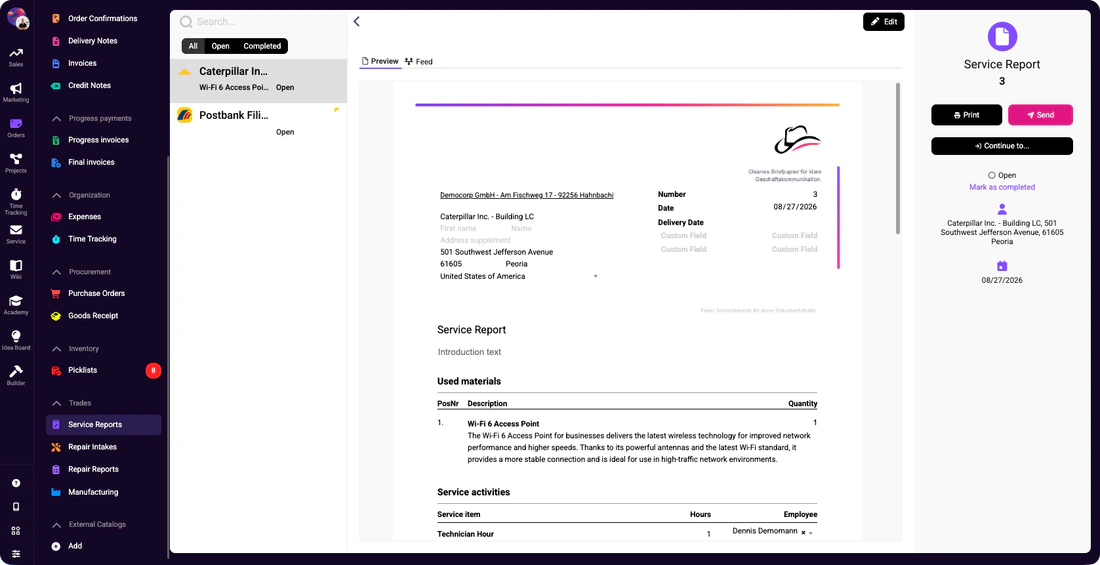 Softwareoberfläche mit einem Servicebericht-Dokument zu verwendeten Materialien und Serviceaktivitäten