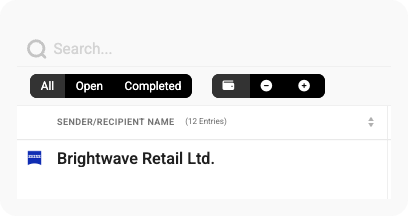 Transaction list filtered by open and completed items, showing a Brightwave Retail Ltd. entry.