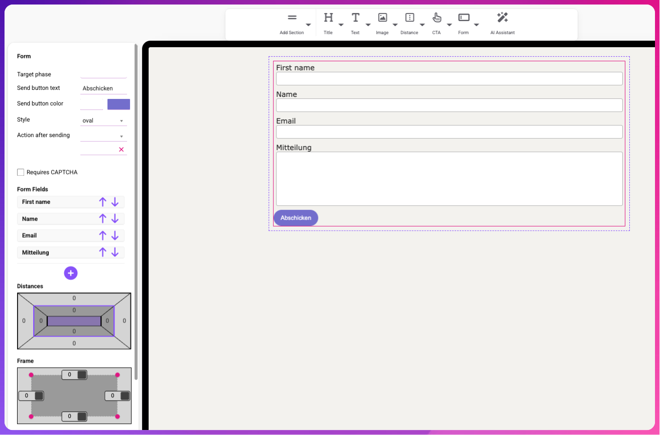 Website builder form editor with contact form fields and layout settings