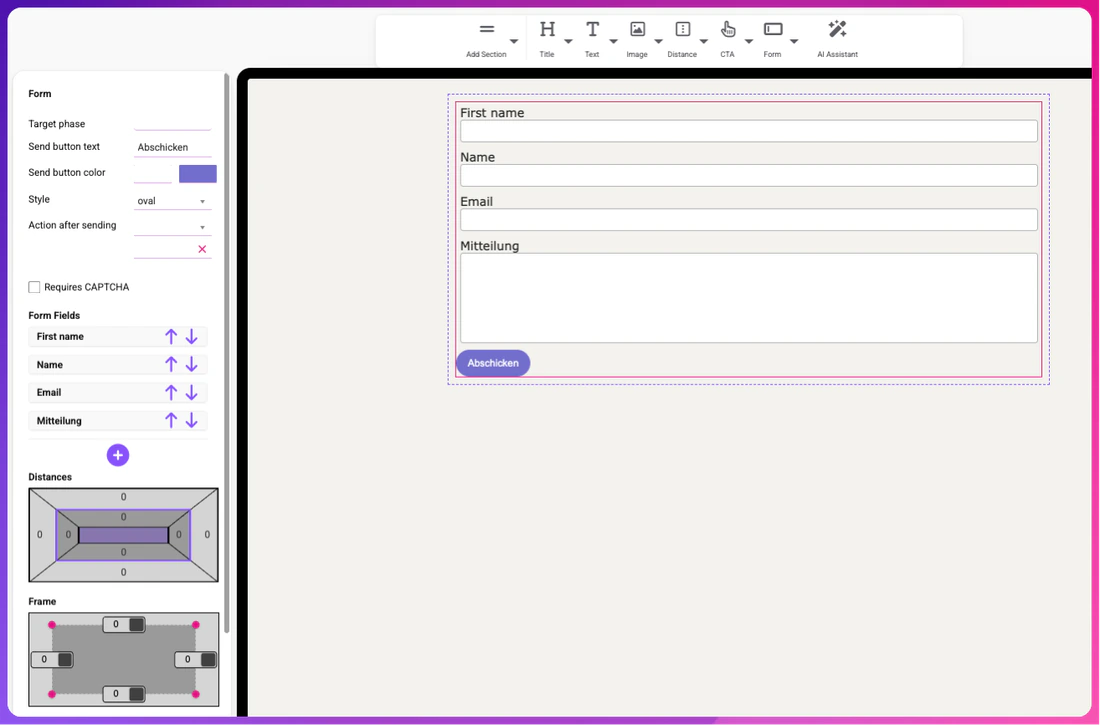 Editor für Website-Builder-Formulare mit Kontaktfeldern und Layout-Einstellungen
