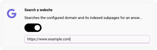 Website search setup field with a toggle switch and a domain input box for enabling indexed page search.