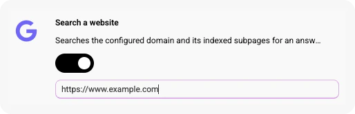 Website-Suche einrichten: Schalter und Domain-Feld für die indexierte Seitensuche.