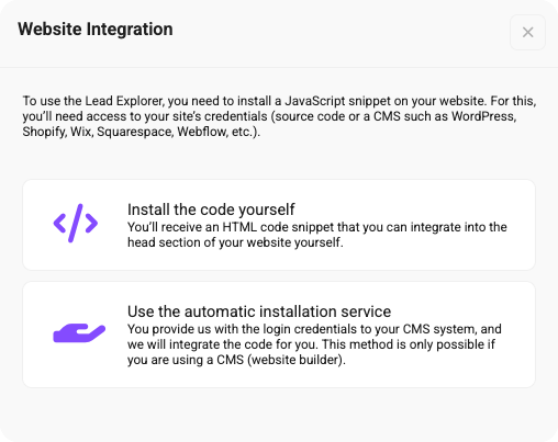 Website integration panel explaining how to install the JavaScript tracking snippet manually or through automatic CMS setup.
