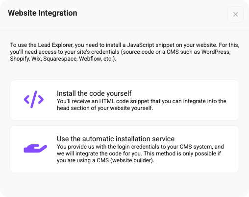 Website-Integrationsbereich, der erklärt, wie Du den JavaScript-Tracking-Snippet manuell oder über ein automatisches CMS-Setup installierst.