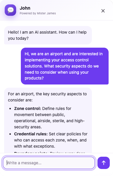 Customer chat widget answering an airport access control question with security guidance.