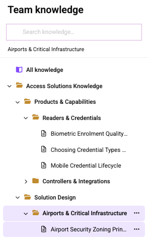 Team knowledge wiki with a folder tree and an airport security infrastructure knowledge article.