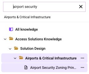 Knowledge base search results showing airport security content within a nested folder structure.