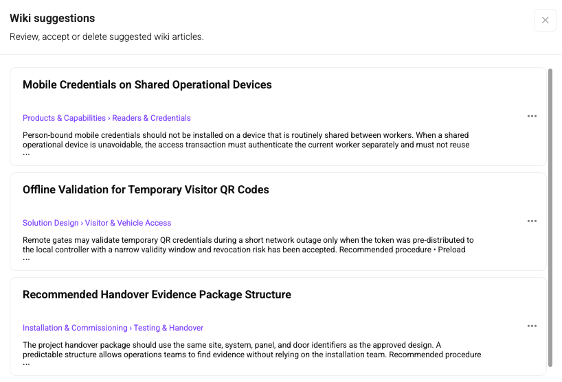 Wiki suggestions panel listing suggested knowledge articles for review, acceptance, or deletion.